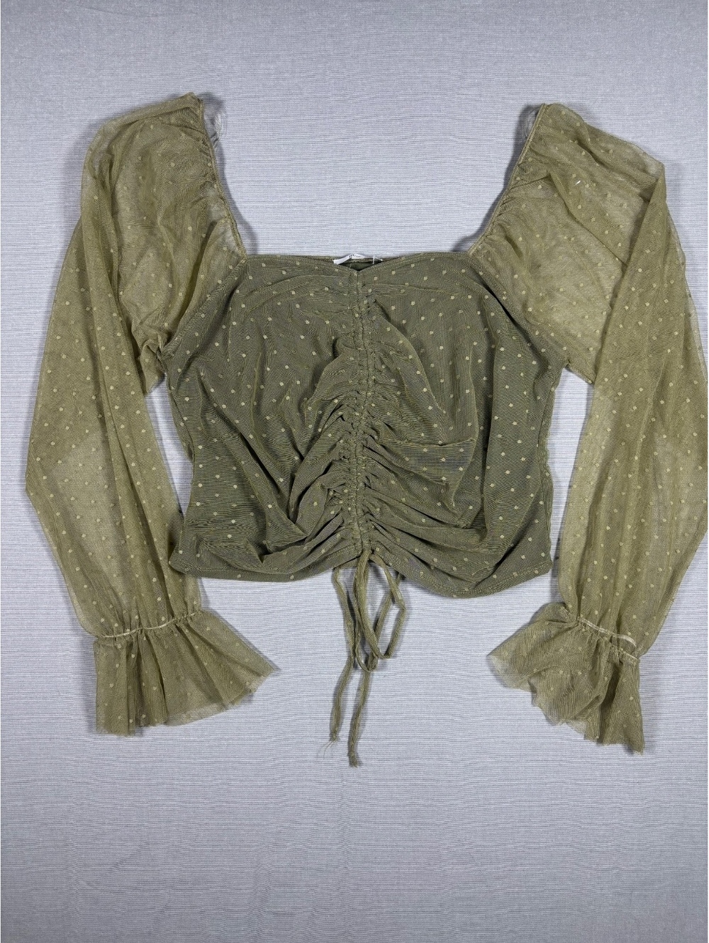 Bluebell Olive Green Ruched Mesh Crop Top Long Sleeve Swiss Dot Size 2XL NWT